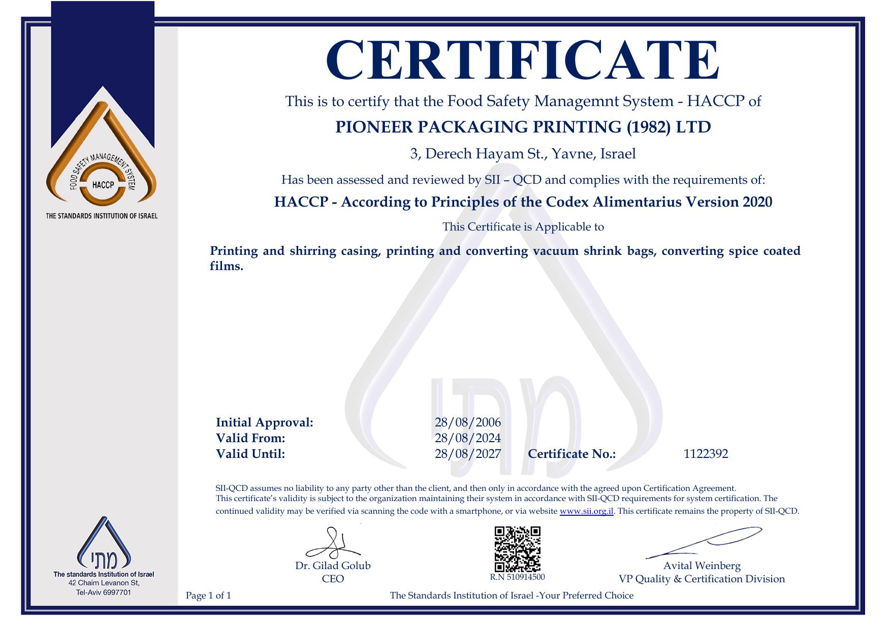 HACCP certificate (English)